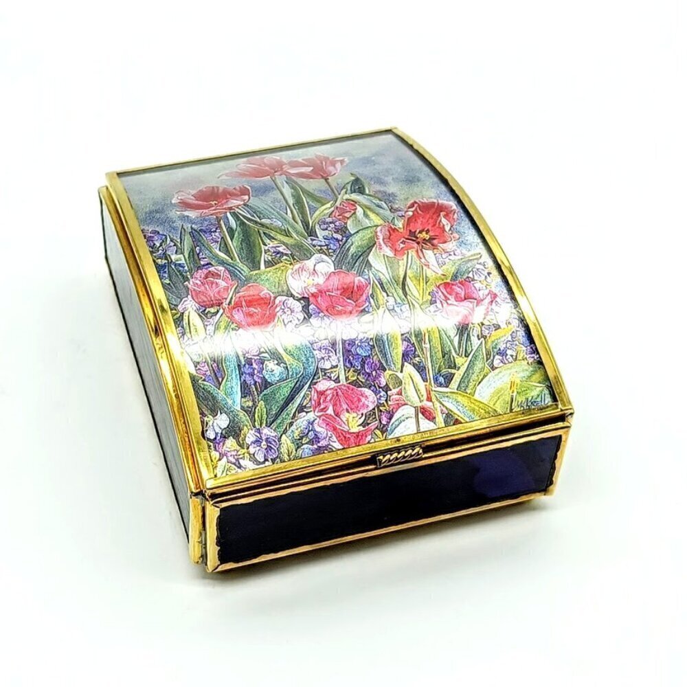 Vintage Enesco Handcrafted Floral Stained Glass Greetings Box NWT